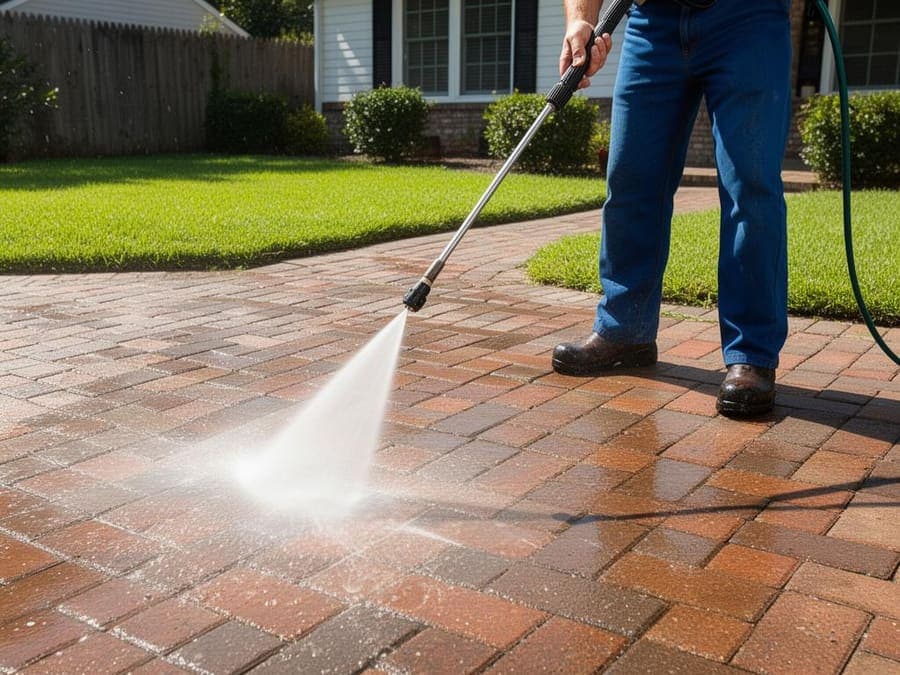 Pressure washing a concrete driveway clean